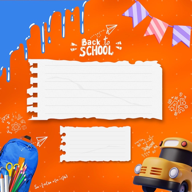 back to school background with paper tears and school bus