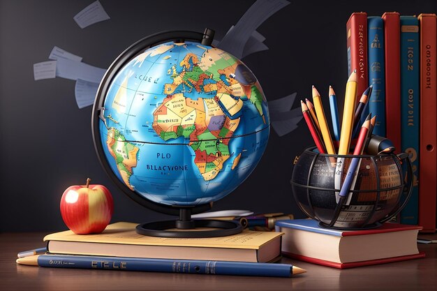 Back to school concept Globe libri matite e mela sullo sfondo della lavagna