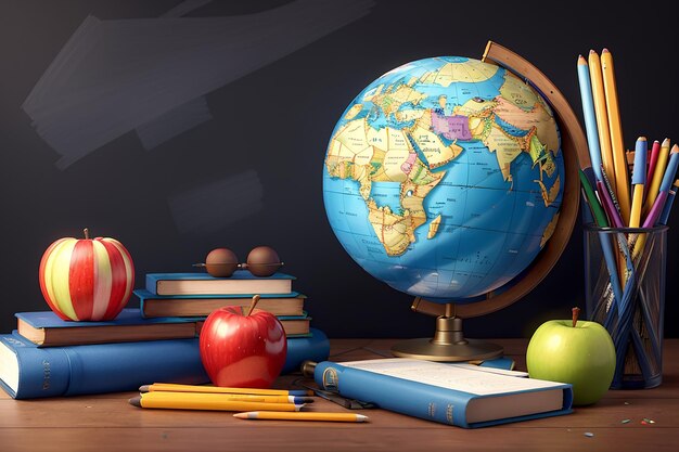 Back to school concept Globe libri matite e mela sullo sfondo della lavagna