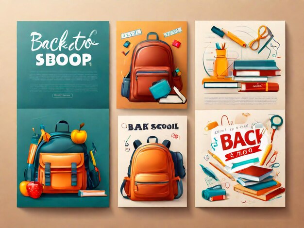 Back to school vendita flyer design con sveglia orologio microscopio globo e altre forniture violetto blu giallo poster set illustrazione vettoriale può essere utilizzato per banner annunci segni