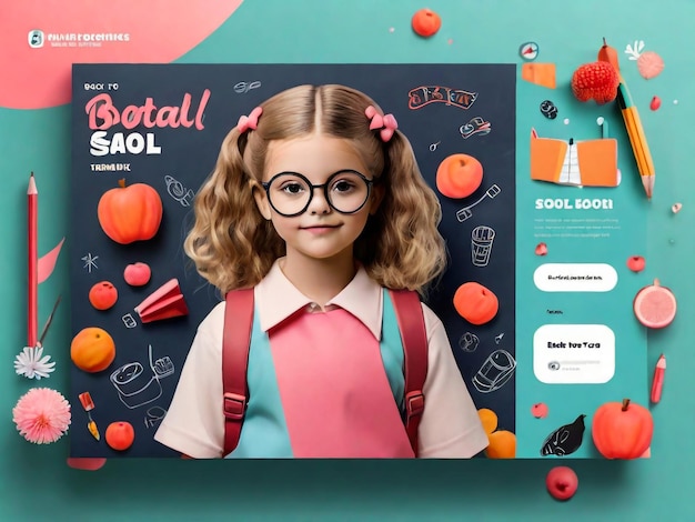 Back to School Website Template with Realistic Wooden Chalkboard Backpack and Stationery on Yellow Background Illustrazione vettoriale per i tuoi progetti educativi