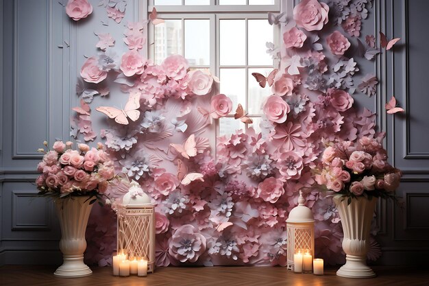 Backdrop of Enchanted Garden Room Flower Wall Mural Fairy Statues Butter for Content Creator Stream