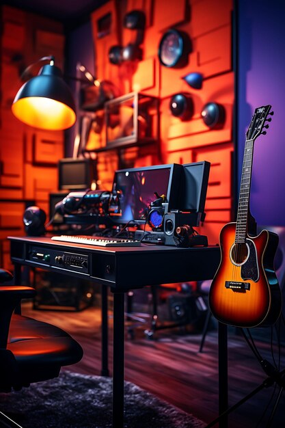 Backdrop of Music Studio Room Vibrant Color Theme Strumento musicale Dis for Content Creator Stream