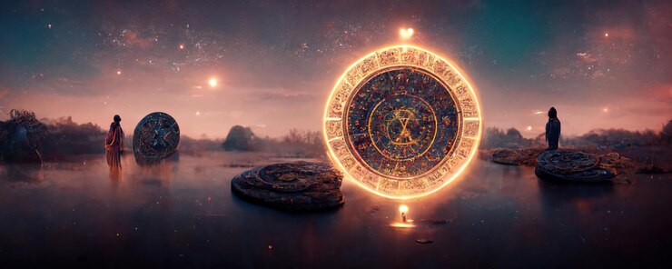 Backdrop of sacred zodiac symbols astrology alchemy magic sorcery and fortune telling AIgenerated digital painting