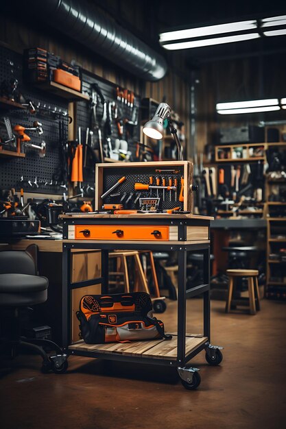 Backdrop of Vintage Garage Tools Review Room Tool Cart Workbench Stool B per il flusso di creatori di contenuti