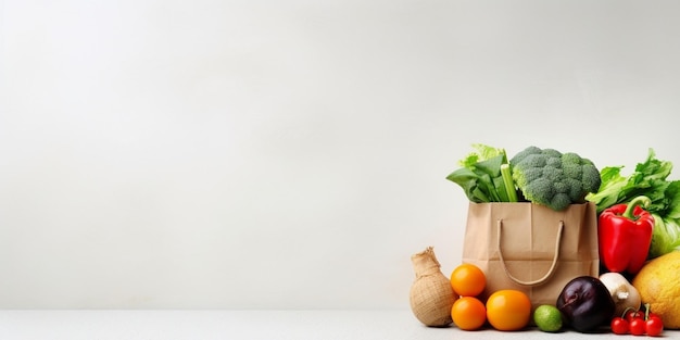 Background alimentare sano Cibo vegetariano vegano sano in sacchetti di carta verdure e f AI generativa