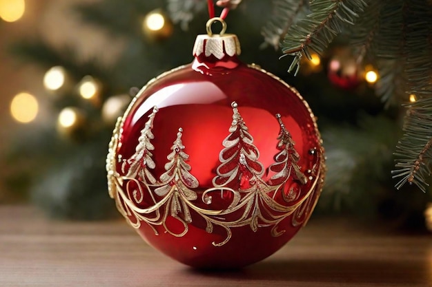 background closeup di bauble rosso appeso a un albero di Natale decorato