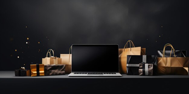 Background concettuale delle vendite dello shopping del Cyber Monday con scatole regalo e generative ai per laptop