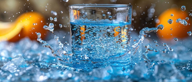 Background rinfrescante Splash d'acqua con cubetti di ghiaccio e vetro che simboleggiano rinfresco e concetti di bevande fresche