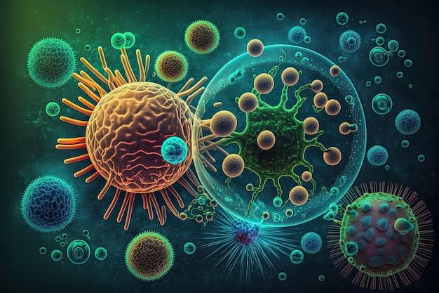 Background scientifico concettuale con microscopici virus colorati IA generativa