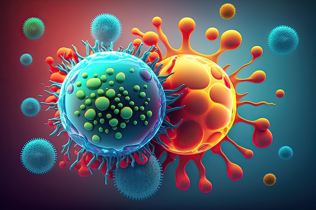 Background scientifico concettuale con microscopici virus colorati IA generativa