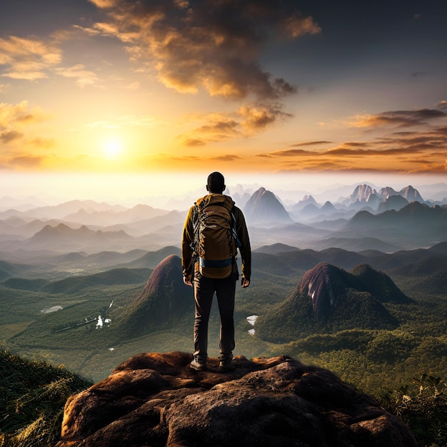 Backpacker in piedi sullo sfondo della montagna all'alba