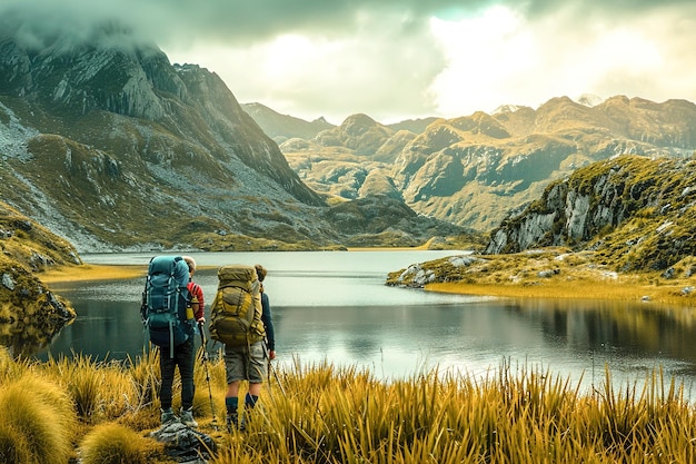 Backpackers che esplorano paesaggi naturali remoti e intatti