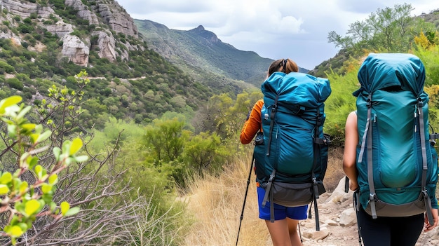 Backpackers che si divertono all'aperto vista posteriore di due escursioniste femminili che camminano lungo un sentiero boschivo