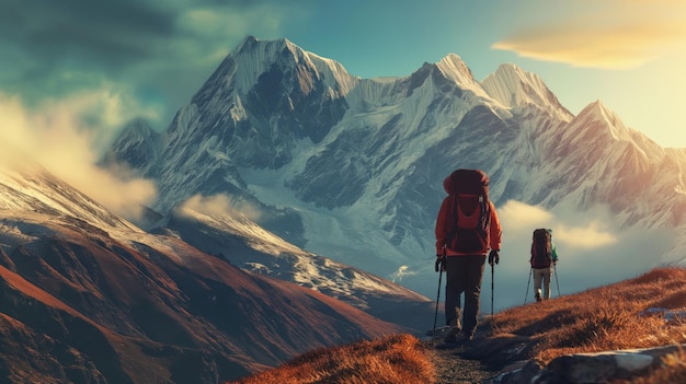 Backpackers escursioni attraverso la catena montuosa maestosa viaggi di avventura all'aperto