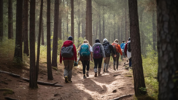 Backpackers Trekking attraverso i boschi Generative AI