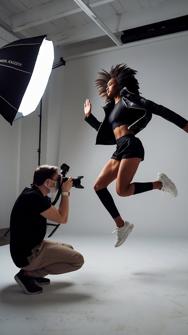 Foto backstage della sessione fotografica momento fotografo che scatta foto di una bellissima modella nera che salta con