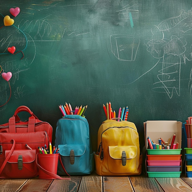 BacktoSchool Sack su pavimento di legno Un gruppo di borse scolastiche