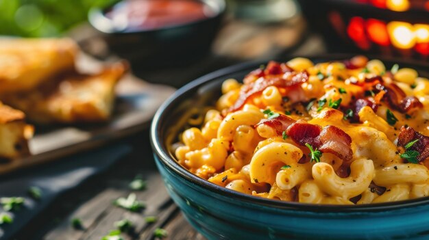 Bacon Mac e formaggio contro un ambiente di barbecue