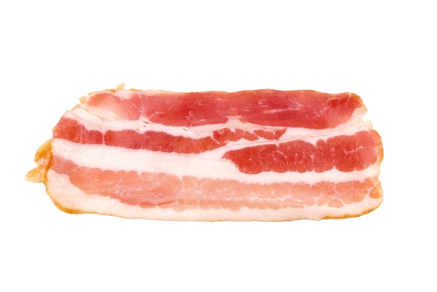 Bacon strip raw smoked pork meat slice isolated on white background top view
