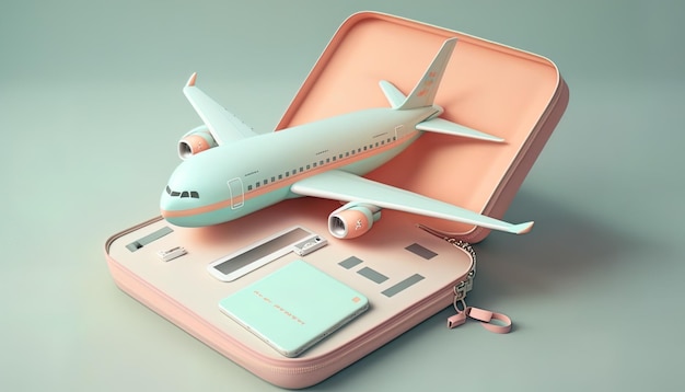bagagli di viaggio minimo vacanza pastel e prenotazione di un biglietto aereo attrezzature generative ai
