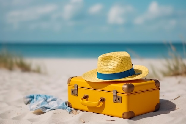 Bagagli gialli con cappello estivo su sfondo blu cielo spiaggia sabbiosa