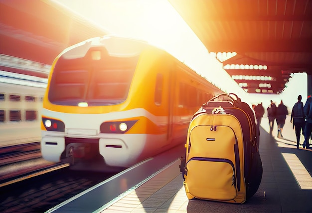 Bagagli gialli in una stazione ferroviaria davanti a un treno realizzato con l'IA generativa