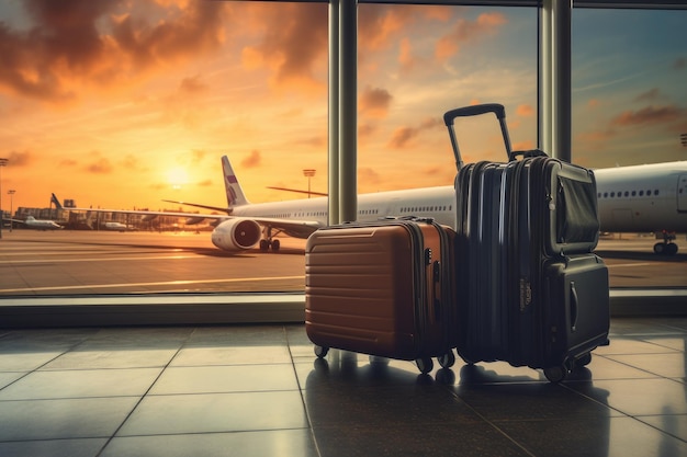 Bagagli nel terminal dell'aeroporto al tramonto Concept di viaggio e vacanza Valigie nell'aeroporto Concept di viaggio aereo che vola sullo sfondo AI Generato