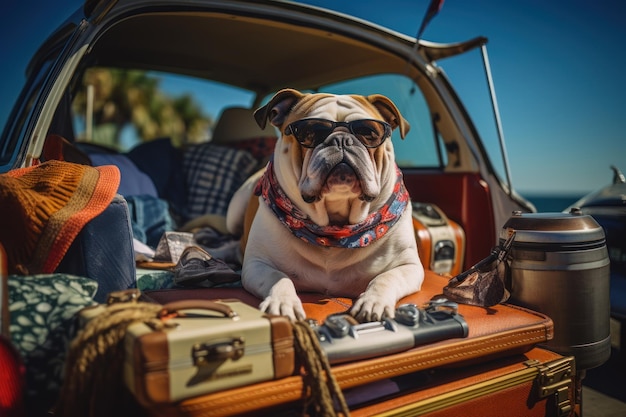 Bagagliaio per auto con cane carino e bagagli Concetto di viaggio per cani IA generativa