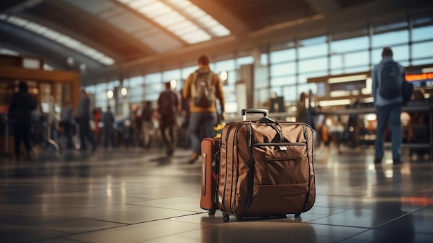 bagaglio da viaggio nel terminal dell'aeroporto con persone sfocate concetto di viaggio in aereo