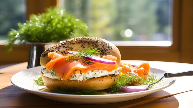 Bagel appena cotto pieno di salmone affumicato e formaggio a crema su una tavola di legno e tavolo Una colazione sana