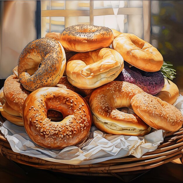 Bagel freschi con erbe illustrazione ad acquerello