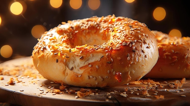 Bagel pane con zucchero cosparso e semi di sesamo sulla sfocatura dello sfondo del tavolo in legno