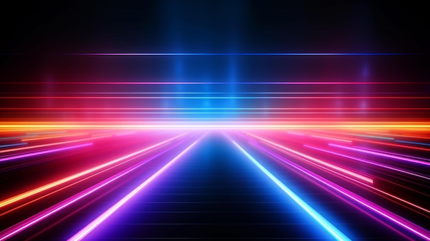 bagliore di luce al neon colorato astratto su sfondo scuro fantasia futuristica linea veloce AI generativa