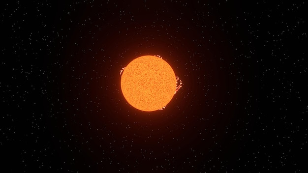 Bagliore solare sulla superficie del sole con campo stellare sullo sfondo (rendering 3D)