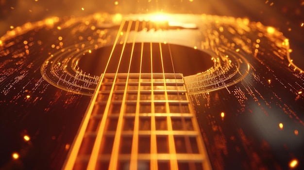 Bagnati in un caldo bagliore le corde di una chitarra prendono vita illuminando la tastiera e gettando un