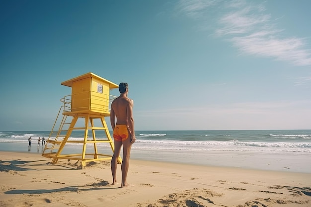 Bagnino sulla spiaggia guardando il mare Sicurezza durante il nuoto IA generativa