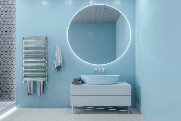 Bagno a soppalco contemporaneo con parete blu vuota