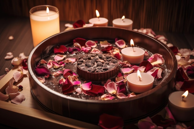 Bagno al cioccolato con candele profumate petali di rosa e prodotti idratanti