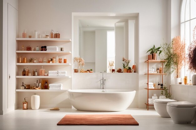 Bagno bianco completo con scaffali da bagno nell'angolo