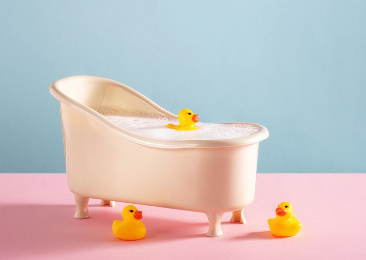 Bagno con anatre di gomma su sfondo rosa e blu