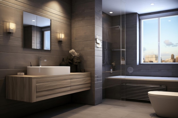 Bagno con finestra panoramica in stile moderno in grigio