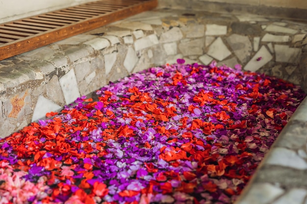 Bagno con petali di colori tropicali e oli aromatici