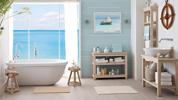 bagno con piastrelle di mosaico blu marino e accenti in legno bianco