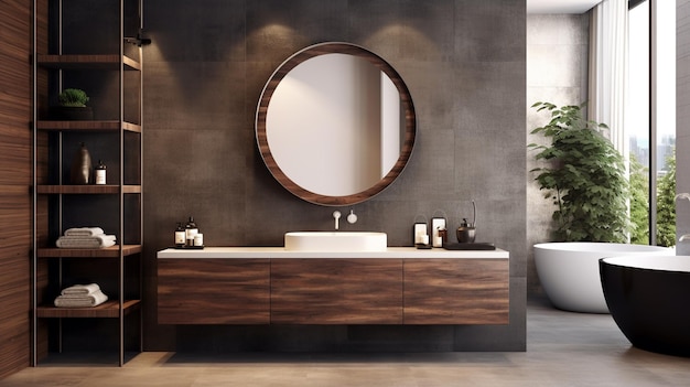 Bagno con specchio rotondo e lavabo con specchio rotondo su di esso colore brillante 3D