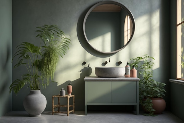 Bagno con specchio rotondo in stile tropicale e piante verdi Home bagno moderno ed elegante mockup interno Generativo AI