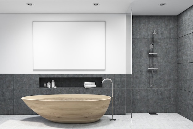 Bagno con vasca in legno, doccia, pareti bianche e piccole plafoniere rotonde. C'è un poster orizzontale incorniciato sul muro. Pavimento di legno. Rappresentazione 3D. Modello.