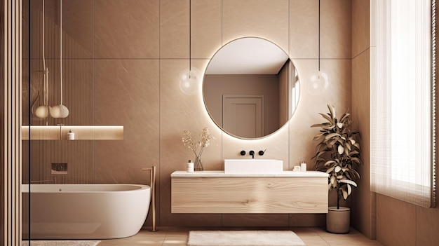 Bagno dal design d'interni minimale con toni beige accoglienti decorati con decorazioni in legno Generative Ai