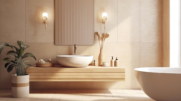 Bagno dal design d'interni minimale con toni beige accoglienti decorati con decorazioni in legno Generative Ai