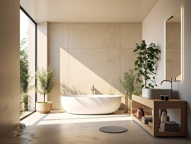 Bagno dal design d'interni realistico con vasca dal design moderno e minimale IA generativa